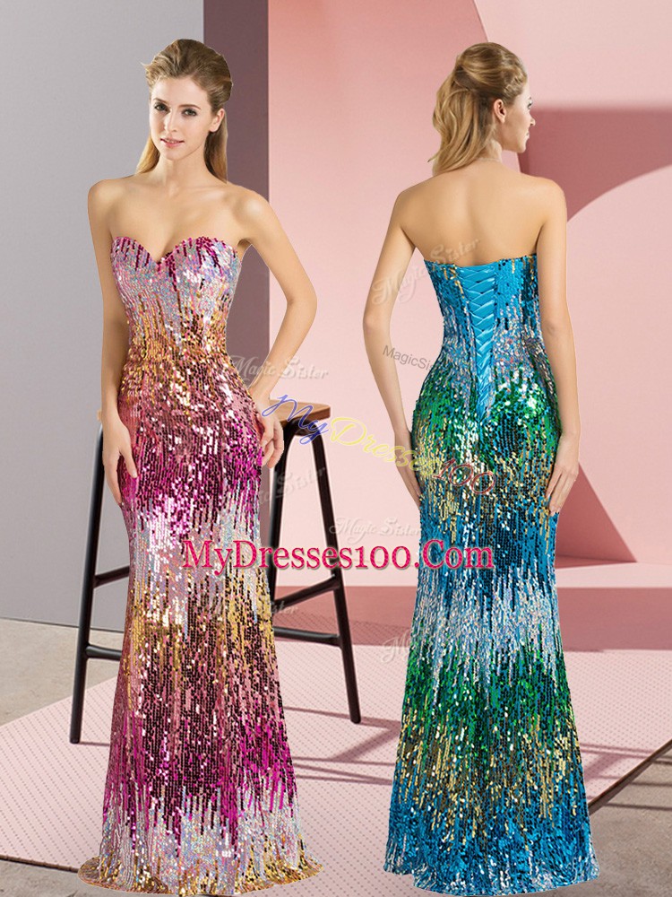 Artistic Sleeveless Floor Length Beading and Sequins Lace Up with Purple and Multi-color