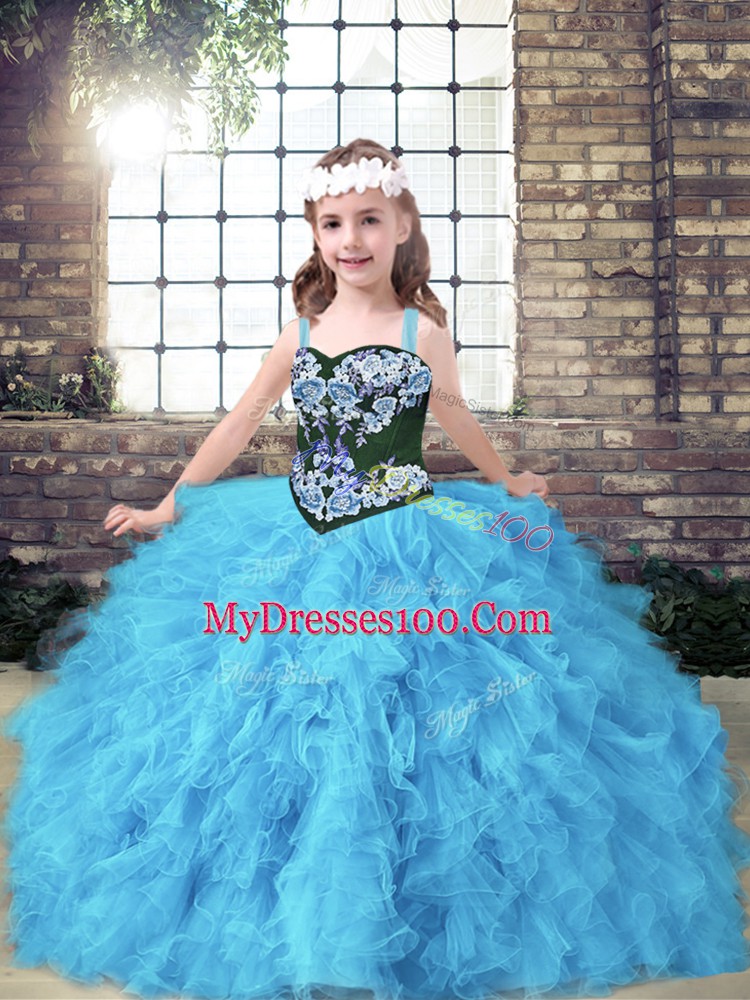 Amazing Baby Blue Sleeveless Embroidery and Ruffles Floor Length Pageant Gowns
