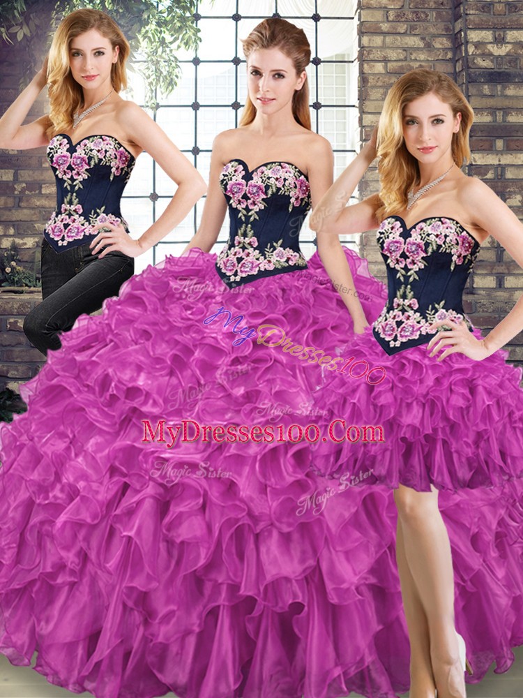Vintage Sleeveless Floor Length Embroidery and Ruffles Lace Up 15th Birthday Dress with Fuchsia