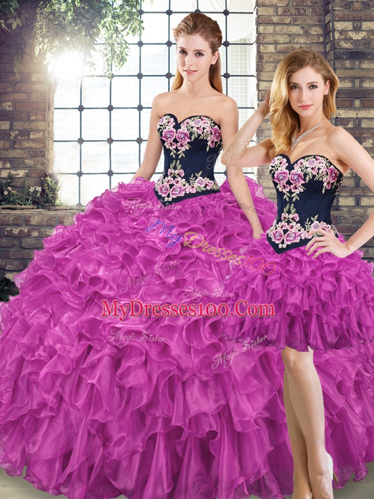 Vintage Sleeveless Floor Length Embroidery and Ruffles Lace Up 15th Birthday Dress with Fuchsia