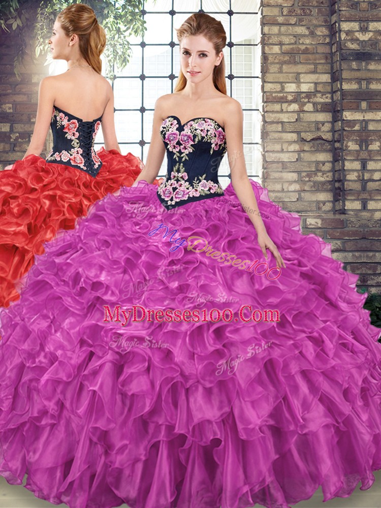 Vintage Sleeveless Floor Length Embroidery and Ruffles Lace Up 15th Birthday Dress with Fuchsia