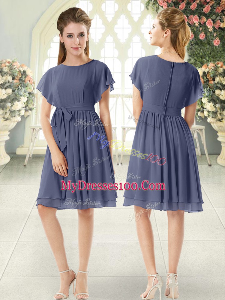 Glittering Chiffon Scoop Short Sleeves Zipper Belt Going Out Dresses in Blue