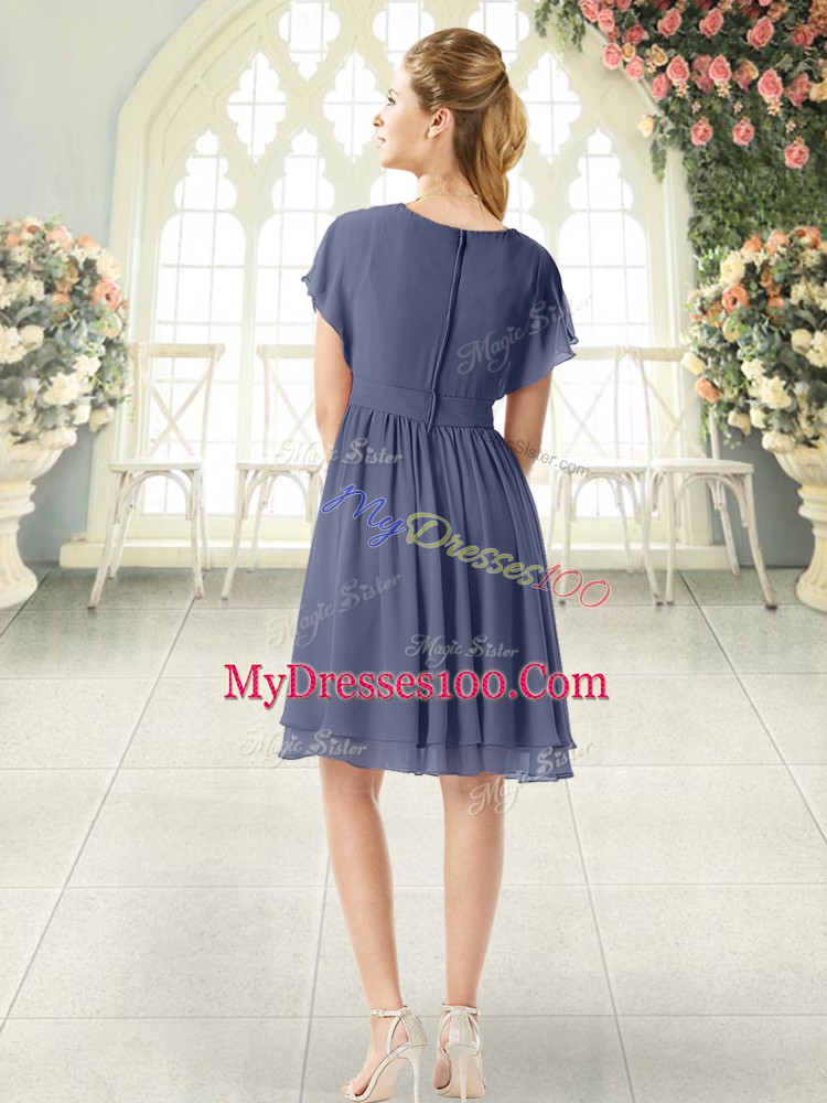 Glittering Chiffon Scoop Short Sleeves Zipper Belt Going Out Dresses in Blue