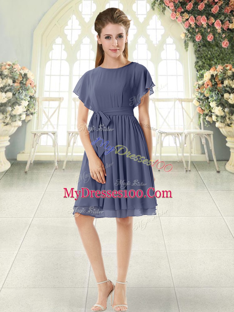 Glittering Chiffon Scoop Short Sleeves Zipper Belt Going Out Dresses in Blue