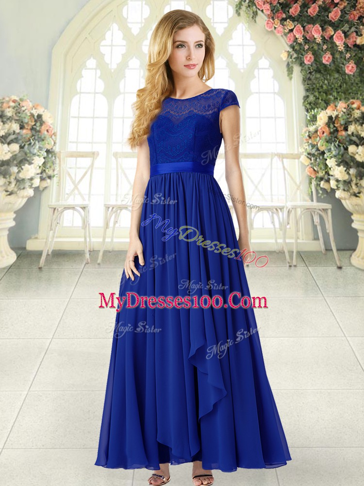Royal Blue Scoop Neckline Lace Evening Dress Cap Sleeves Zipper