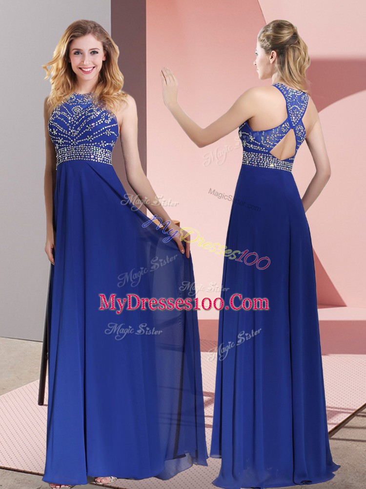Best Selling Satin High-neck Sleeveless Sweep Train Criss Cross Beading and Lace Going Out Dresses in Blue