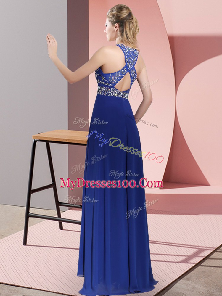 Best Selling Satin High-neck Sleeveless Sweep Train Criss Cross Beading and Lace Going Out Dresses in Blue