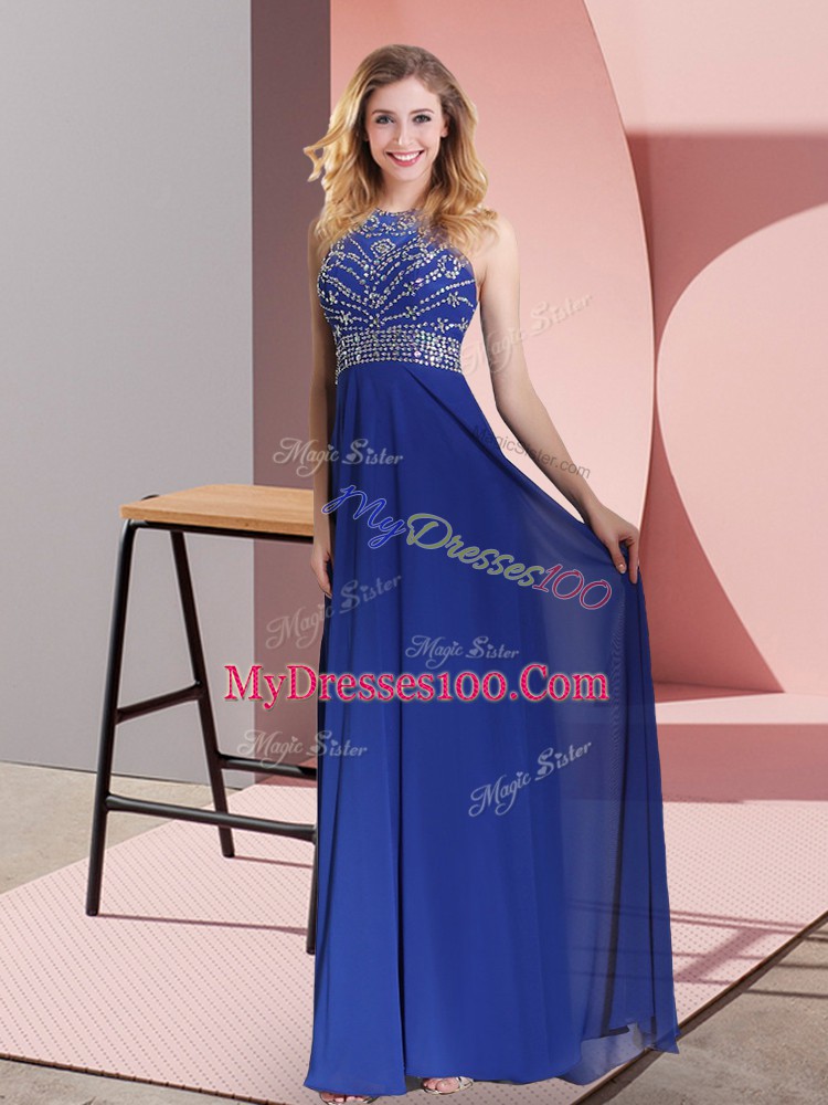 Best Selling Satin High-neck Sleeveless Sweep Train Criss Cross Beading and Lace Going Out Dresses in Blue