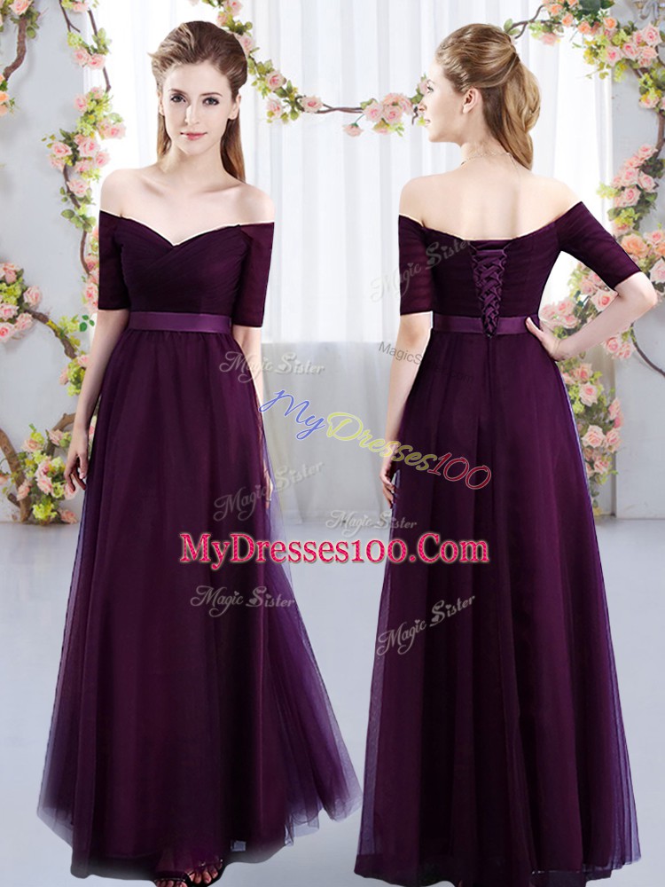 Colorful Dark Purple Bridesmaid Dress Prom and Party and Wedding Party with Ruching Off The Shoulder Short Sleeves Lace Up