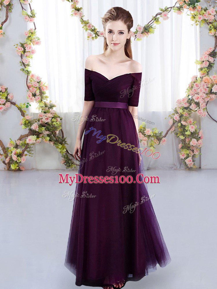 Colorful Dark Purple Bridesmaid Dress Prom and Party and Wedding Party with Ruching Off The Shoulder Short Sleeves Lace Up