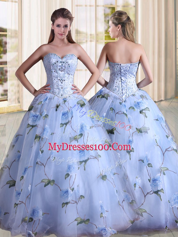 Lavender Lace Up Sweetheart Beading Vestidos de Quinceanera Printed Sleeveless
