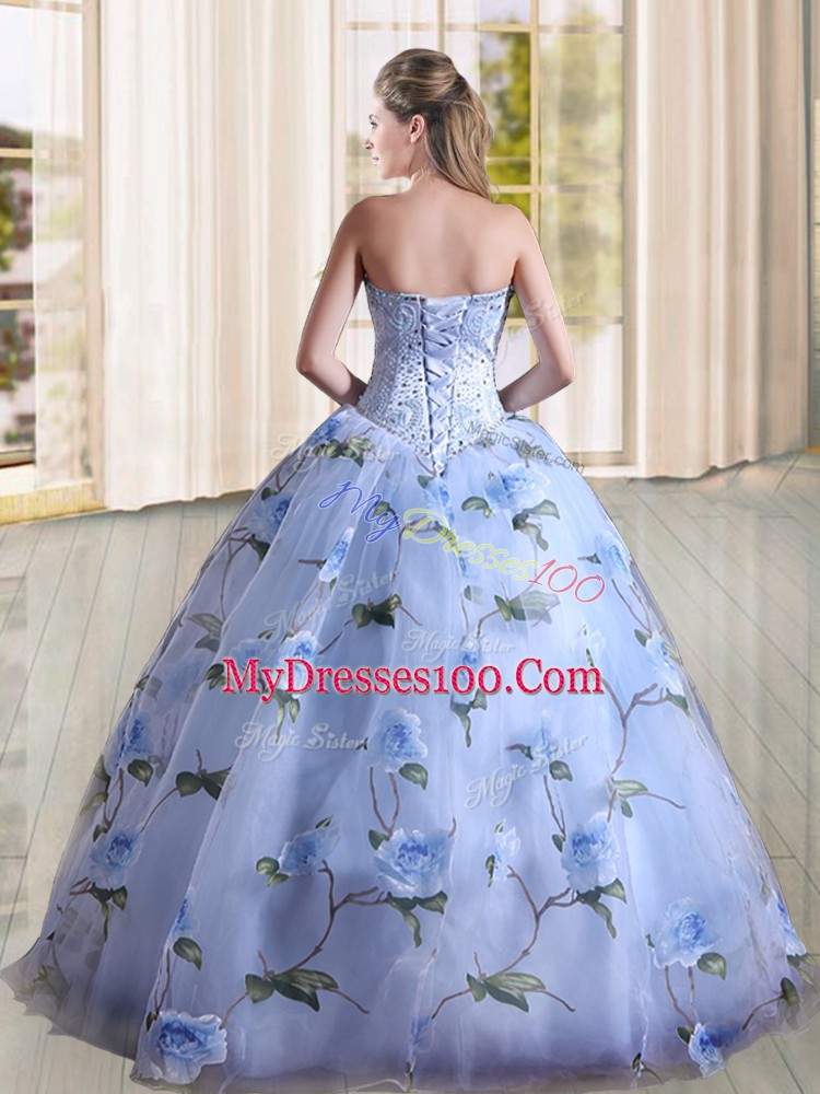 Lavender Lace Up Sweetheart Beading Vestidos de Quinceanera Printed Sleeveless