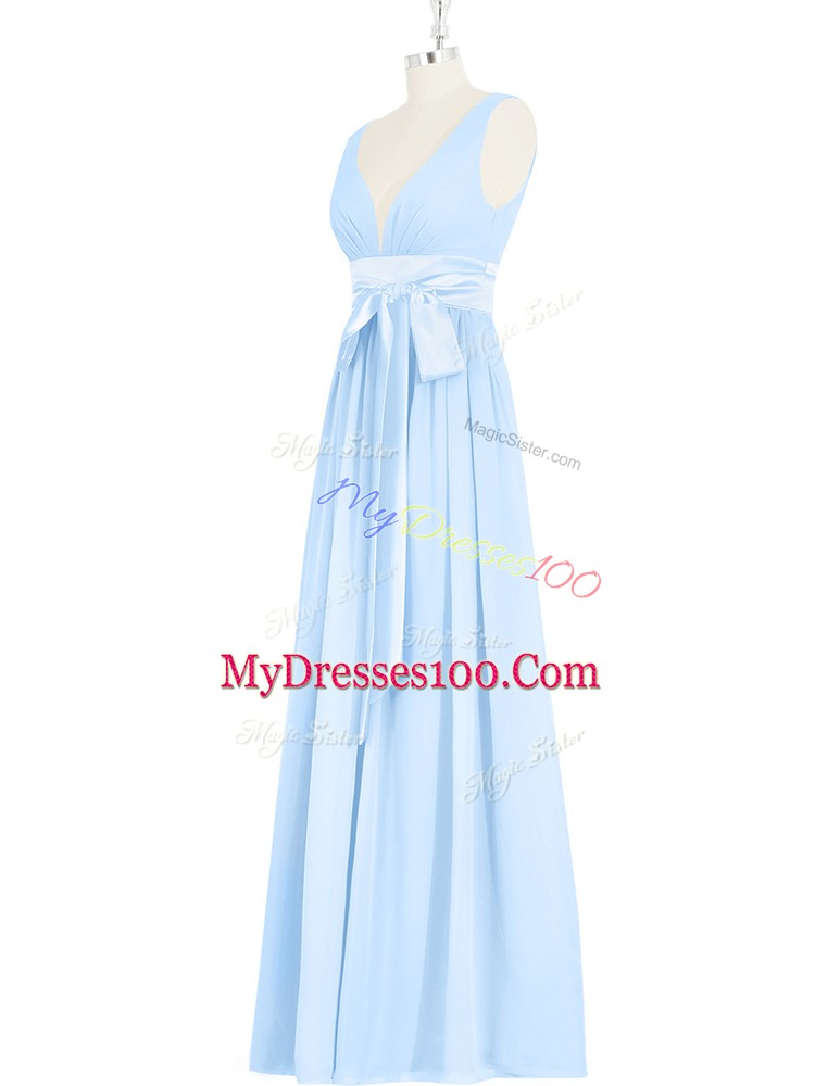 Designer Sleeveless Chiffon Floor Length Backless Homecoming Dress in Baby Blue with Ruching and Bowknot