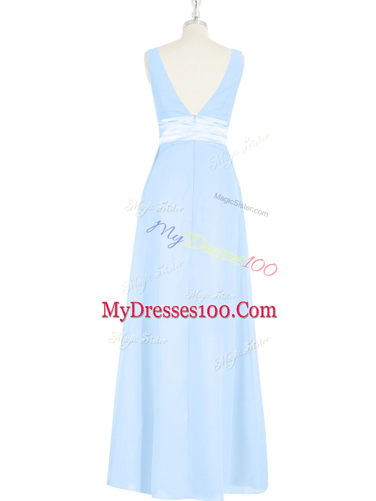 Designer Sleeveless Chiffon Floor Length Backless Homecoming Dress in Baby Blue with Ruching and Bowknot