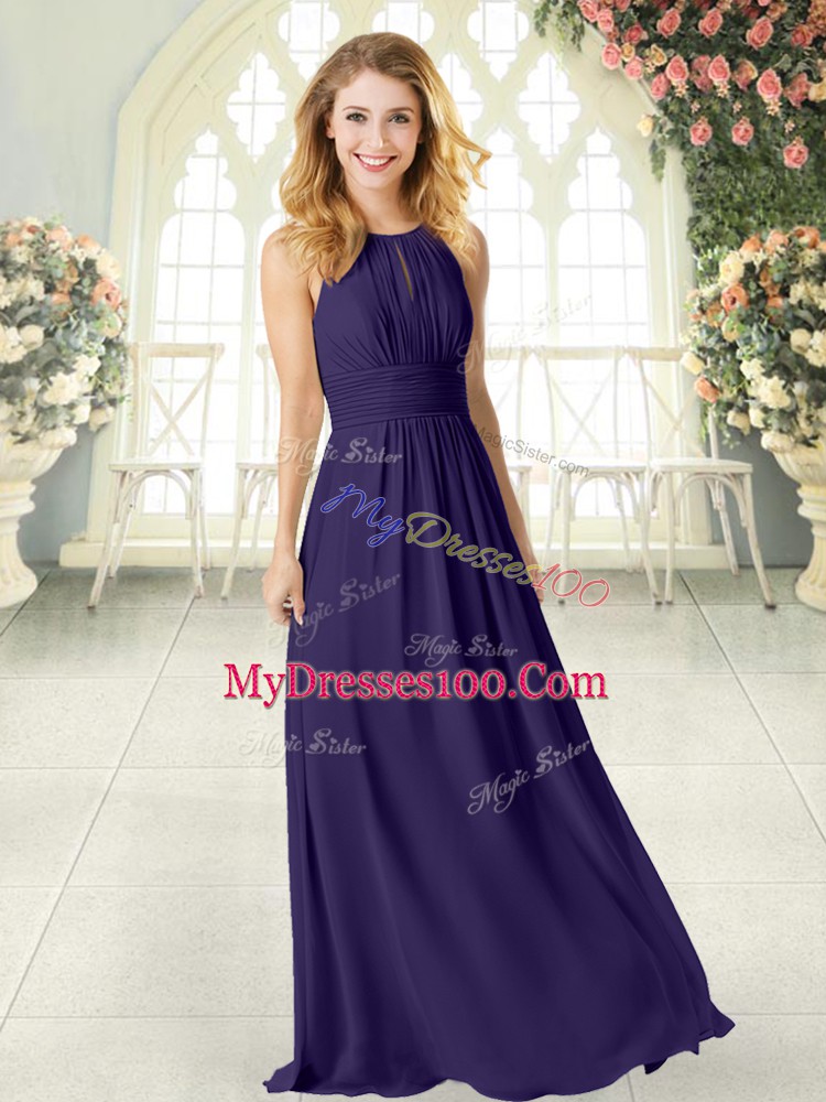Comfortable Purple Chiffon Zipper Scoop Sleeveless Floor Length Prom Gown Ruching