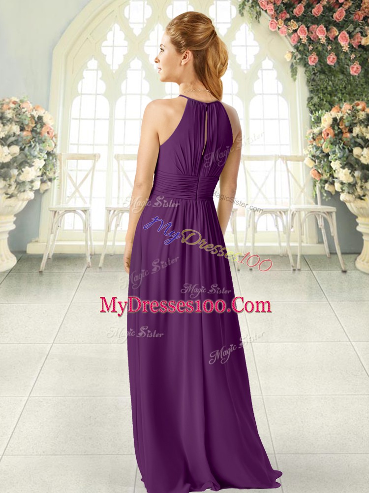 Comfortable Purple Chiffon Zipper Scoop Sleeveless Floor Length Prom Gown Ruching
