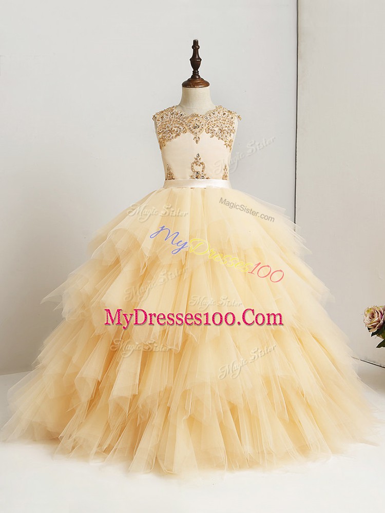 Inexpensive Beading and Ruffles Little Girls Pageant Dress Wholesale Gold Zipper Sleeveless Floor Length