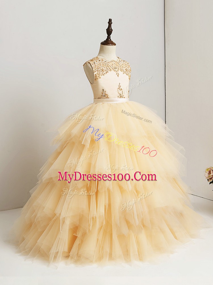 Inexpensive Beading and Ruffles Little Girls Pageant Dress Wholesale Gold Zipper Sleeveless Floor Length