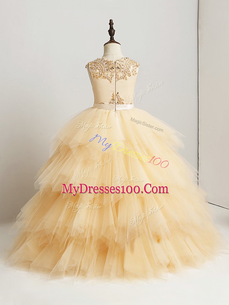 Inexpensive Beading and Ruffles Little Girls Pageant Dress Wholesale Gold Zipper Sleeveless Floor Length