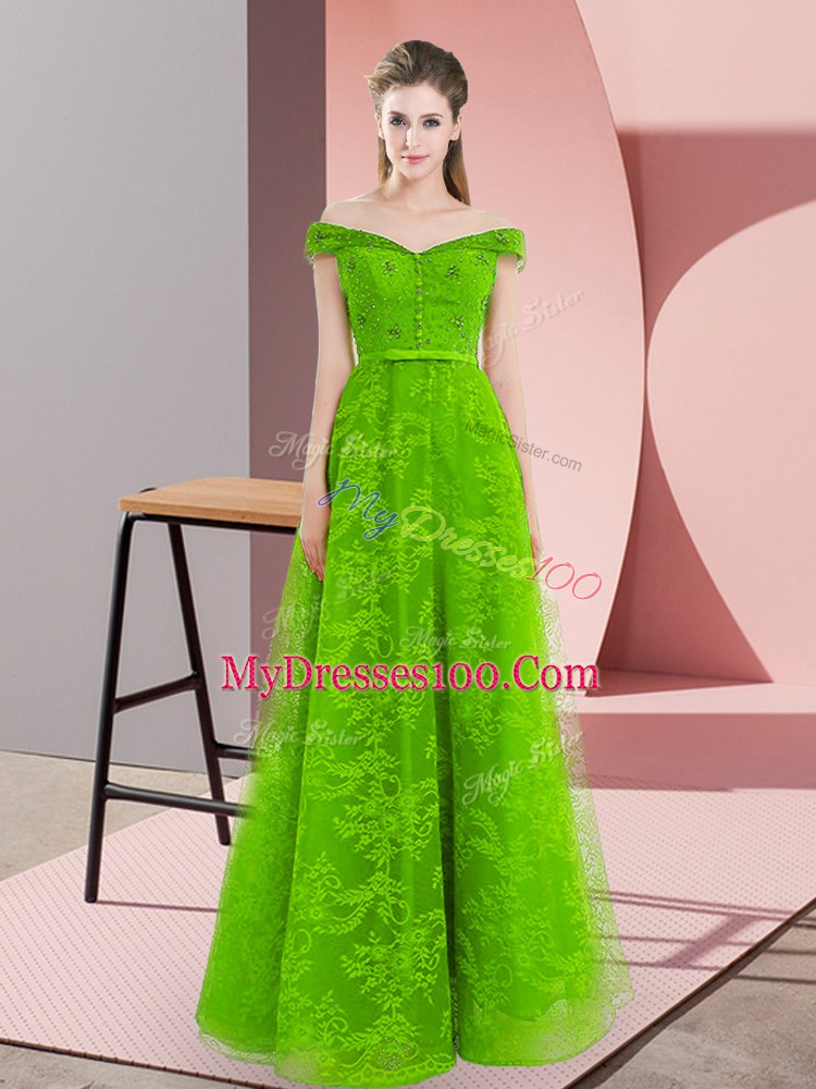 Green Tulle Lace Up Evening Dress Sleeveless Floor Length Beading