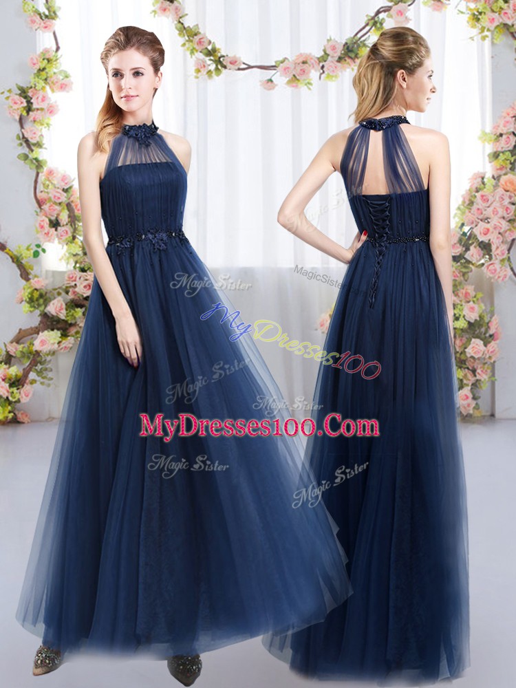Floor Length Empire Sleeveless Navy Blue Bridesmaid Dress Lace Up