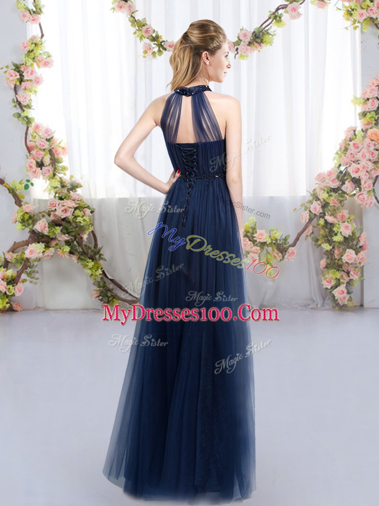 Floor Length Empire Sleeveless Navy Blue Bridesmaid Dress Lace Up
