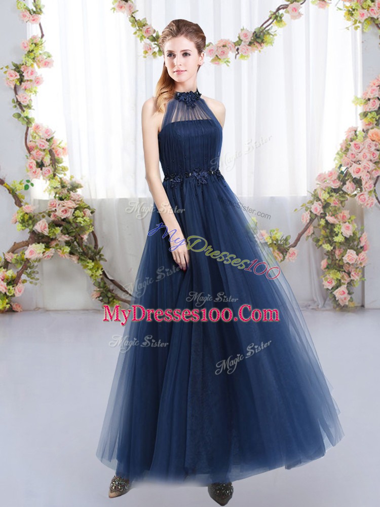Floor Length Empire Sleeveless Navy Blue Bridesmaid Dress Lace Up