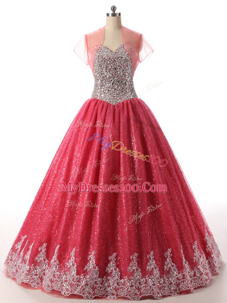 Sweetheart Sleeveless Quinceanera Gowns Floor Length Beading and Appliques Coral Red Sequined