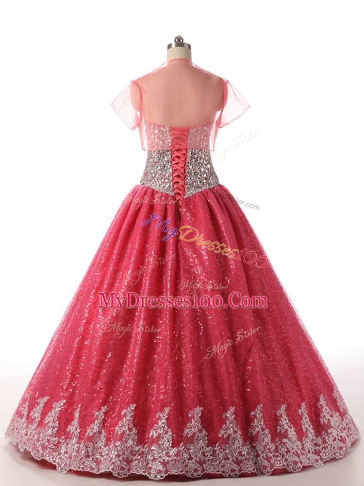 Sweetheart Sleeveless Quinceanera Gowns Floor Length Beading and Appliques Coral Red Sequined