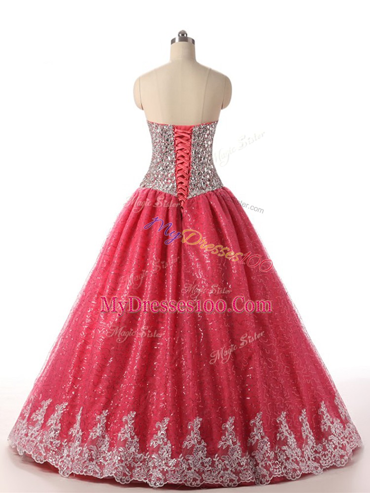 Sweetheart Sleeveless Quinceanera Gowns Floor Length Beading and Appliques Coral Red Sequined
