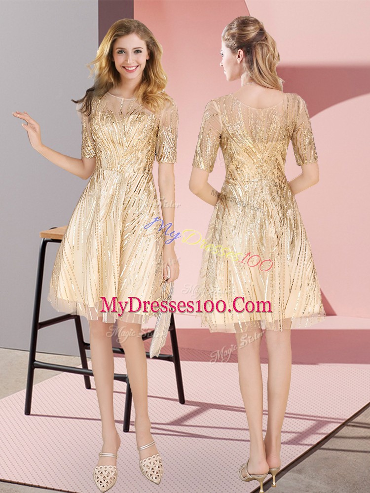 Half Sleeves Sequined Knee Length Zipper Evening Dress in Gold with Ruching