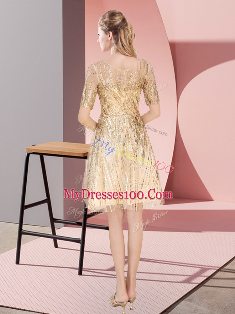 Half Sleeves Sequined Knee Length Zipper Evening Dress in Gold with Ruching