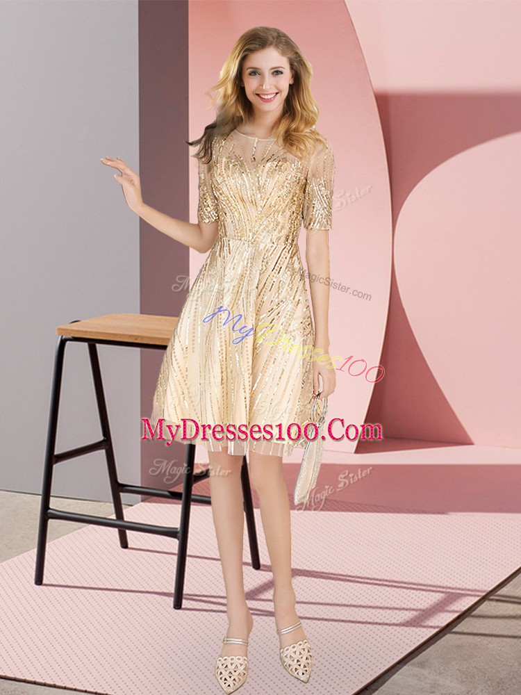 Half Sleeves Sequined Knee Length Zipper Evening Dress in Gold with Ruching
