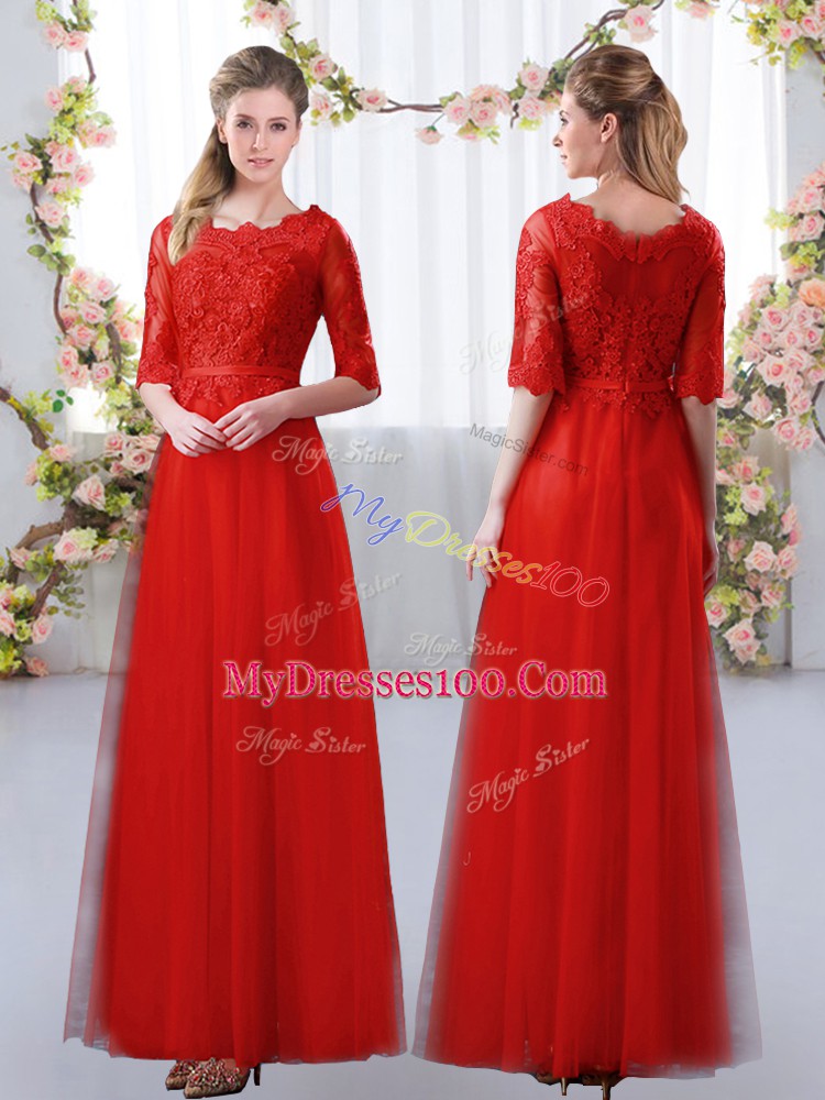 Red Empire Lace Wedding Guest Dresses Zipper Tulle Half Sleeves Floor Length