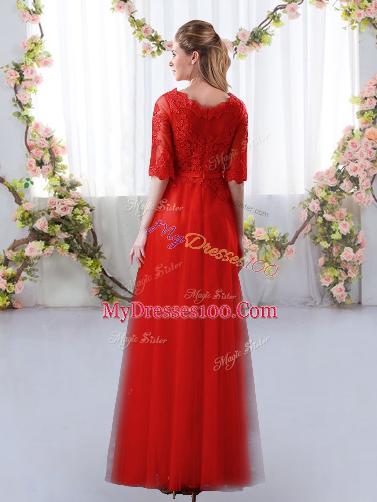 Red Empire Lace Wedding Guest Dresses Zipper Tulle Half Sleeves Floor Length