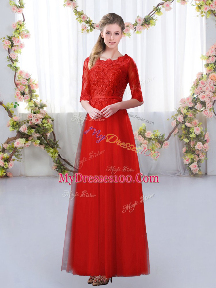 Red Empire Lace Wedding Guest Dresses Zipper Tulle Half Sleeves Floor Length