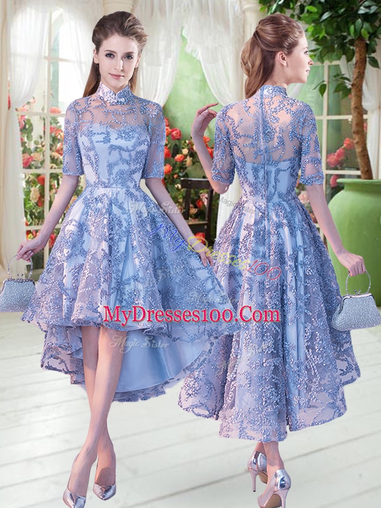Blue Lace Up High-neck Appliques Dress for Prom Half Sleeves