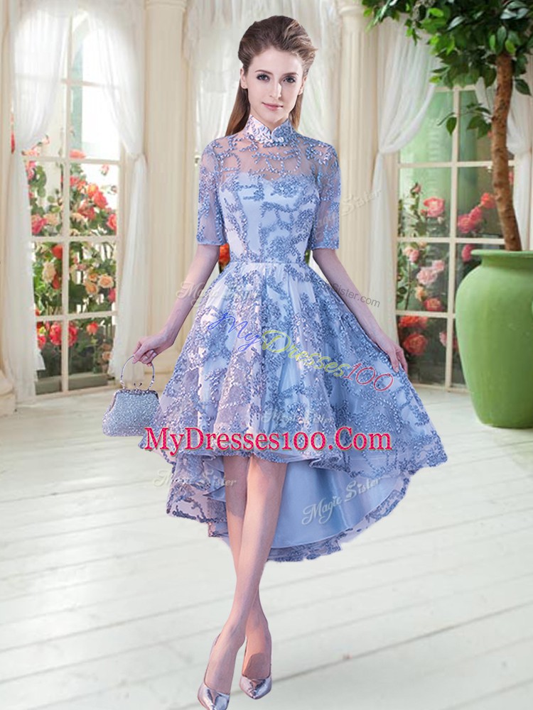 Blue Lace Up High-neck Appliques Dress for Prom Half Sleeves