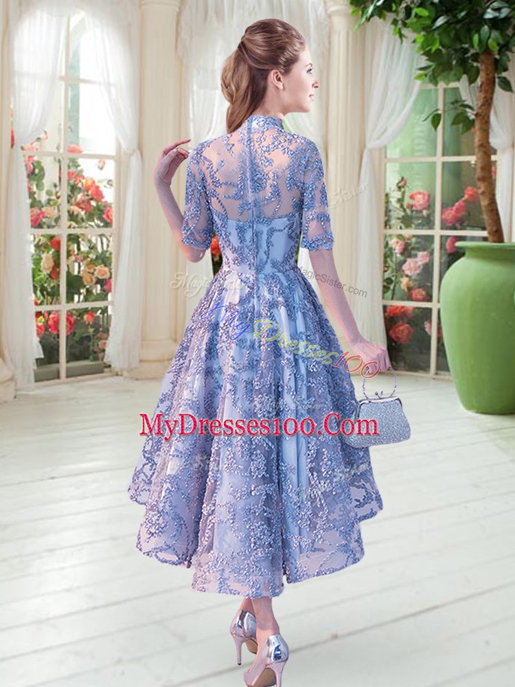 Blue Lace Up High-neck Appliques Dress for Prom Half Sleeves