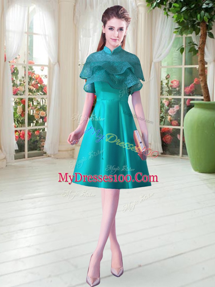 Knee Length A-line Cap Sleeves Teal Prom Party Dress Lace Up