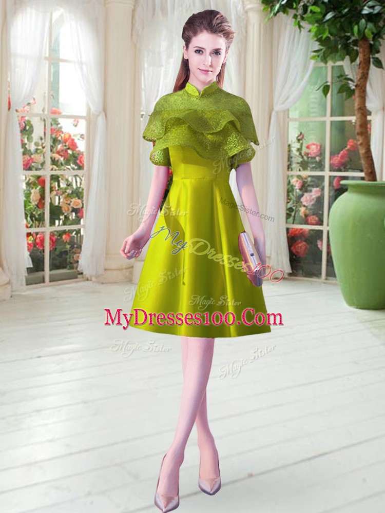 Discount Knee Length Olive Green Satin Cap Sleeves Ruffled Layers