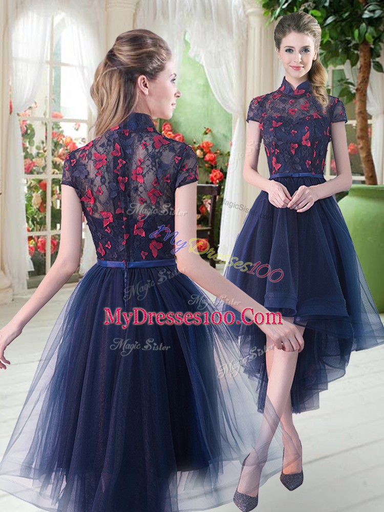 Navy Blue Prom Dress Prom and Party with Lace High-neck Short Sleeves Zipper