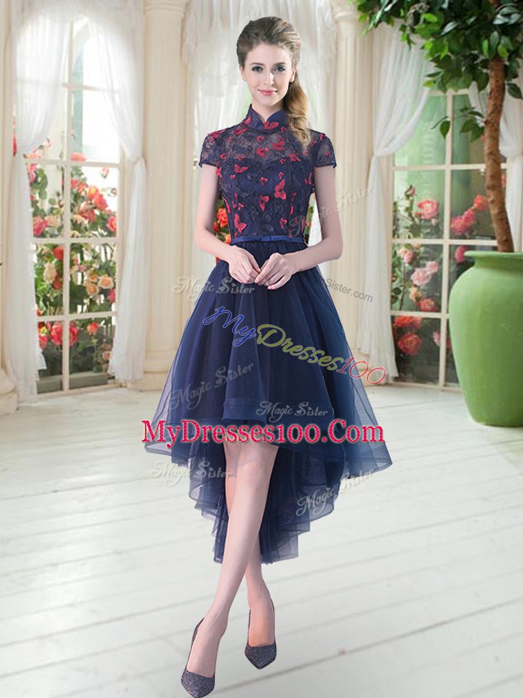 Navy Blue Prom Dress Prom and Party with Lace High-neck Short Sleeves Zipper