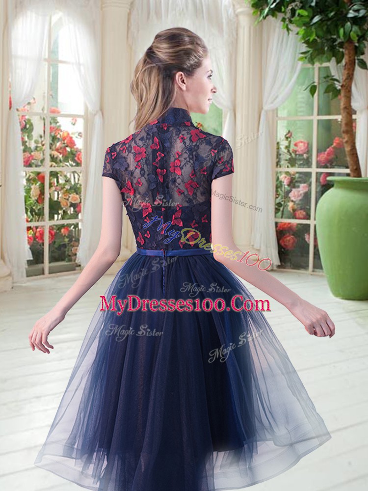 Navy Blue Prom Dress Prom and Party with Lace High-neck Short Sleeves Zipper
