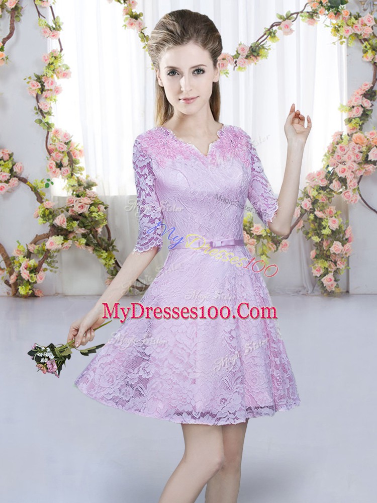 V-neck Half Sleeves Bridesmaid Gown Mini Length Belt Lavender Lace
