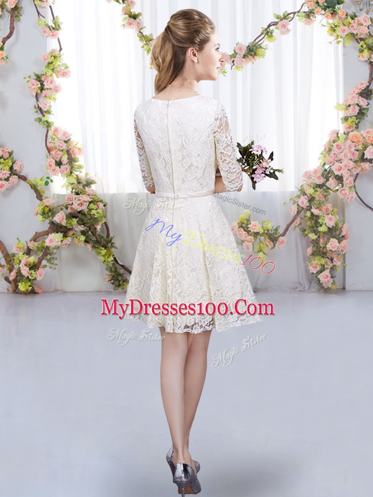V-neck Half Sleeves Bridesmaid Gown Mini Length Belt Lavender Lace