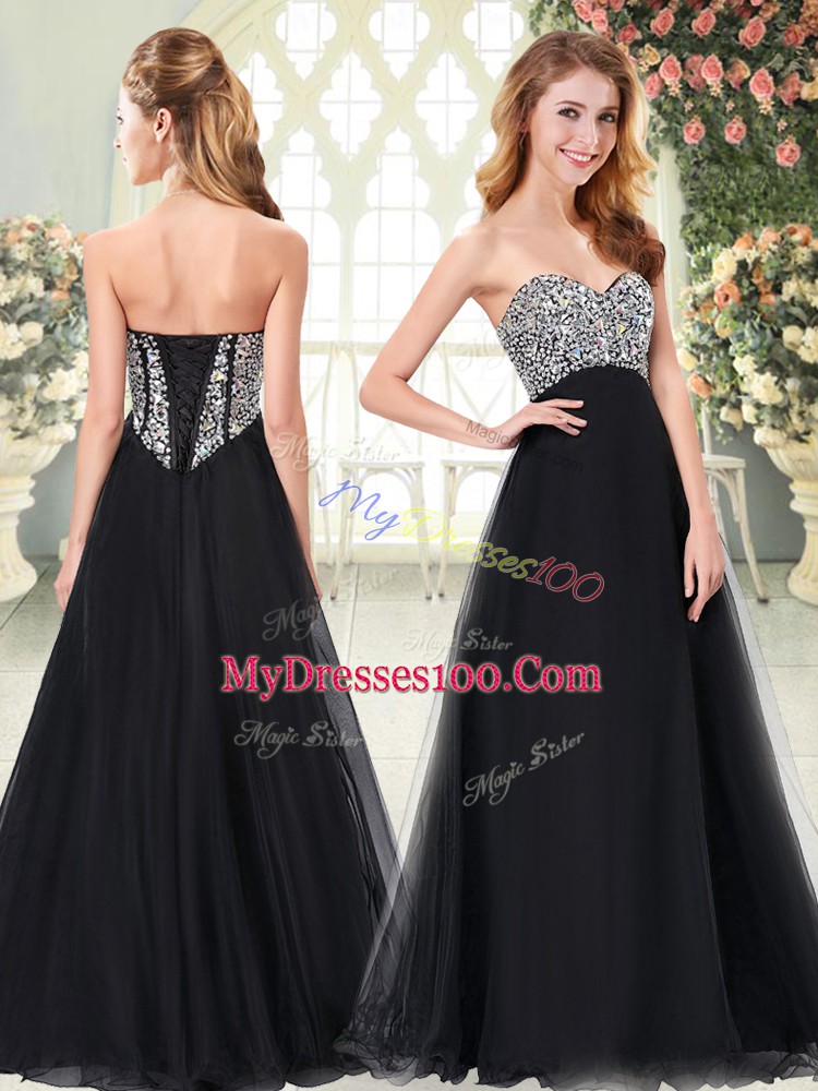 Hot Selling Black Sleeveless Beading Floor Length Prom Dress