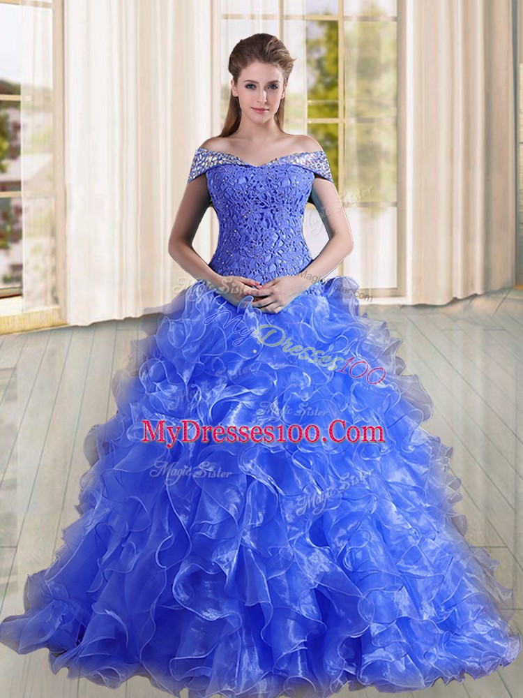 High End Blue A-line Organza Off The Shoulder Sleeveless Beading and Lace and Ruffles Lace Up Quinceanera Gown Sweep Train
