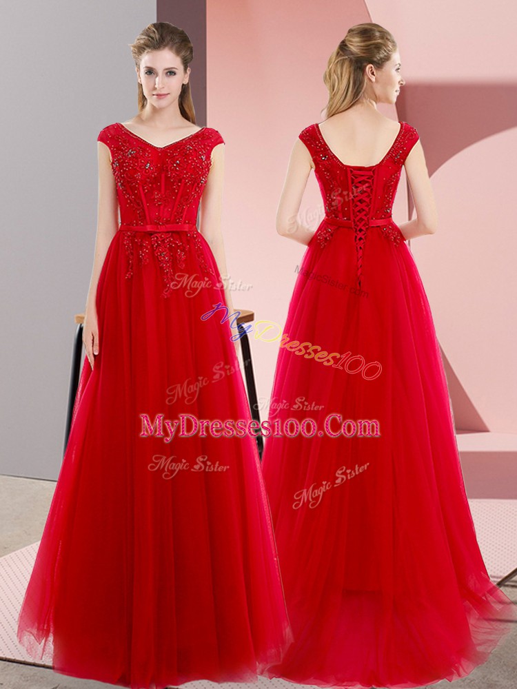 Extravagant Floor Length Red Prom Dress V-neck Short Sleeves Sweep Train Lace Up
