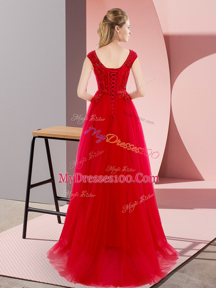 Extravagant Floor Length Red Prom Dress V-neck Short Sleeves Sweep Train Lace Up